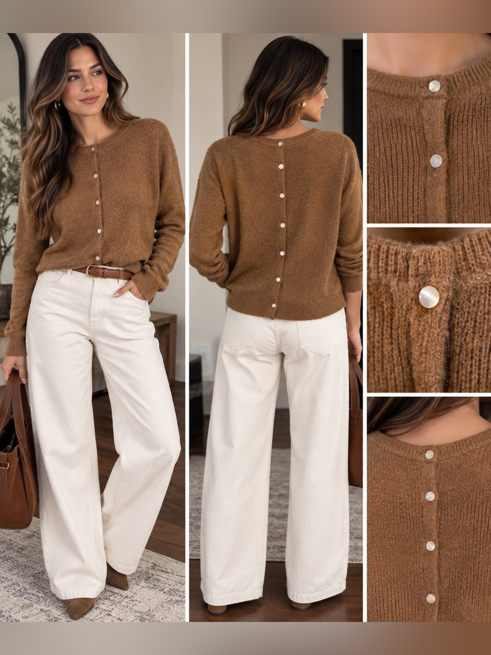 Classic Crewneck Button-Back Sweater - Brown